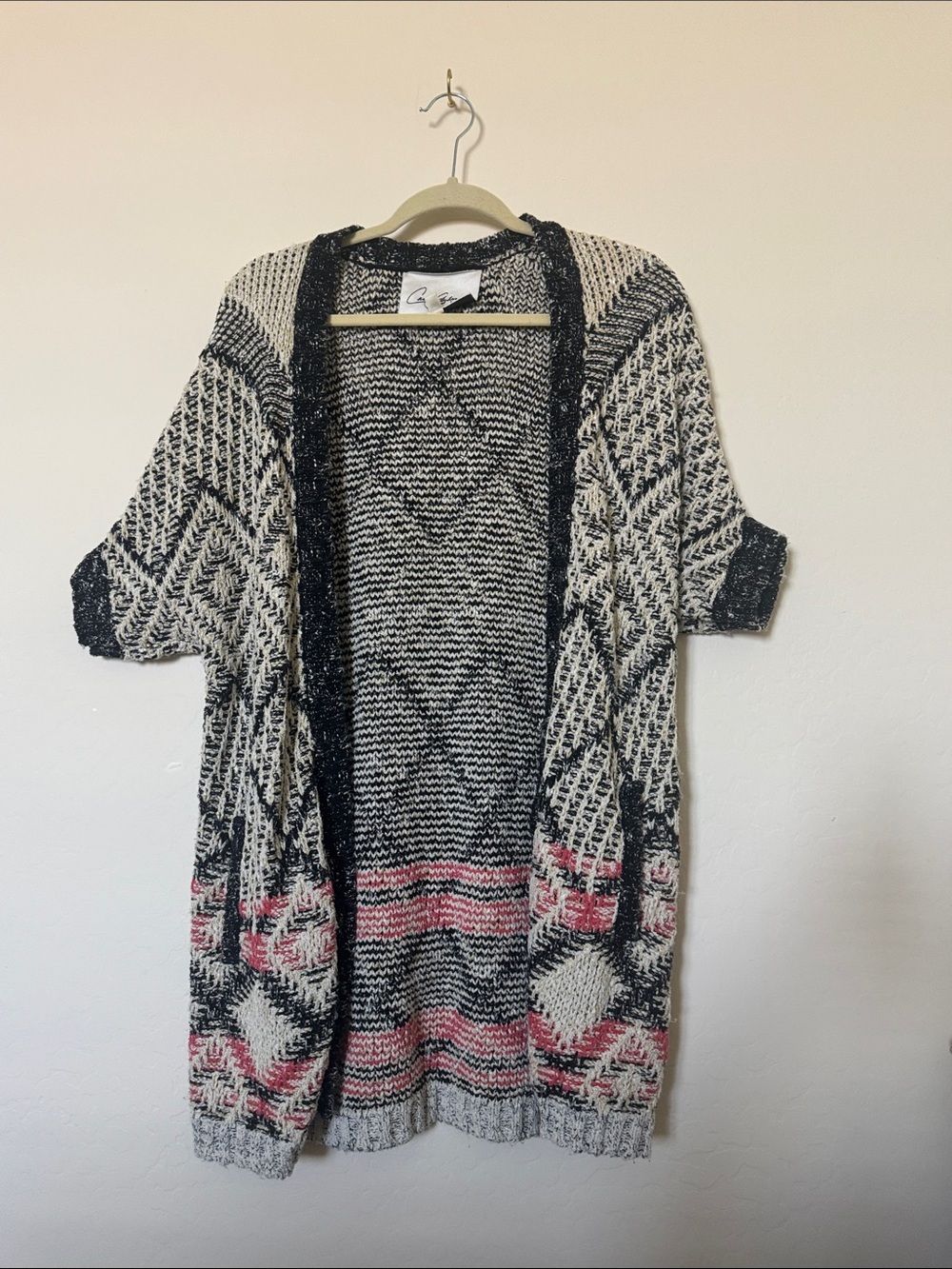 CAbi Black, Cream & Pink Knit Open-Front Cardigan